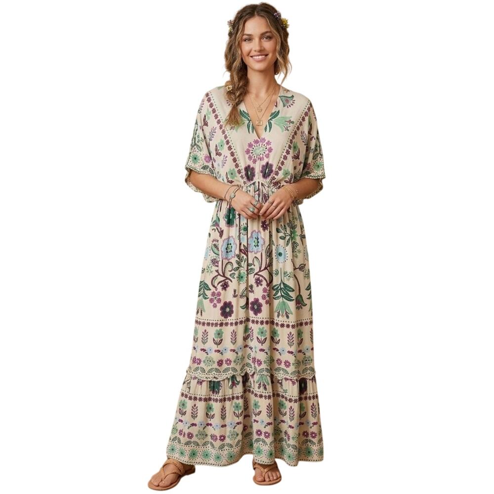 easel Cream Maxi Dress with Green and Purple Floral Print
